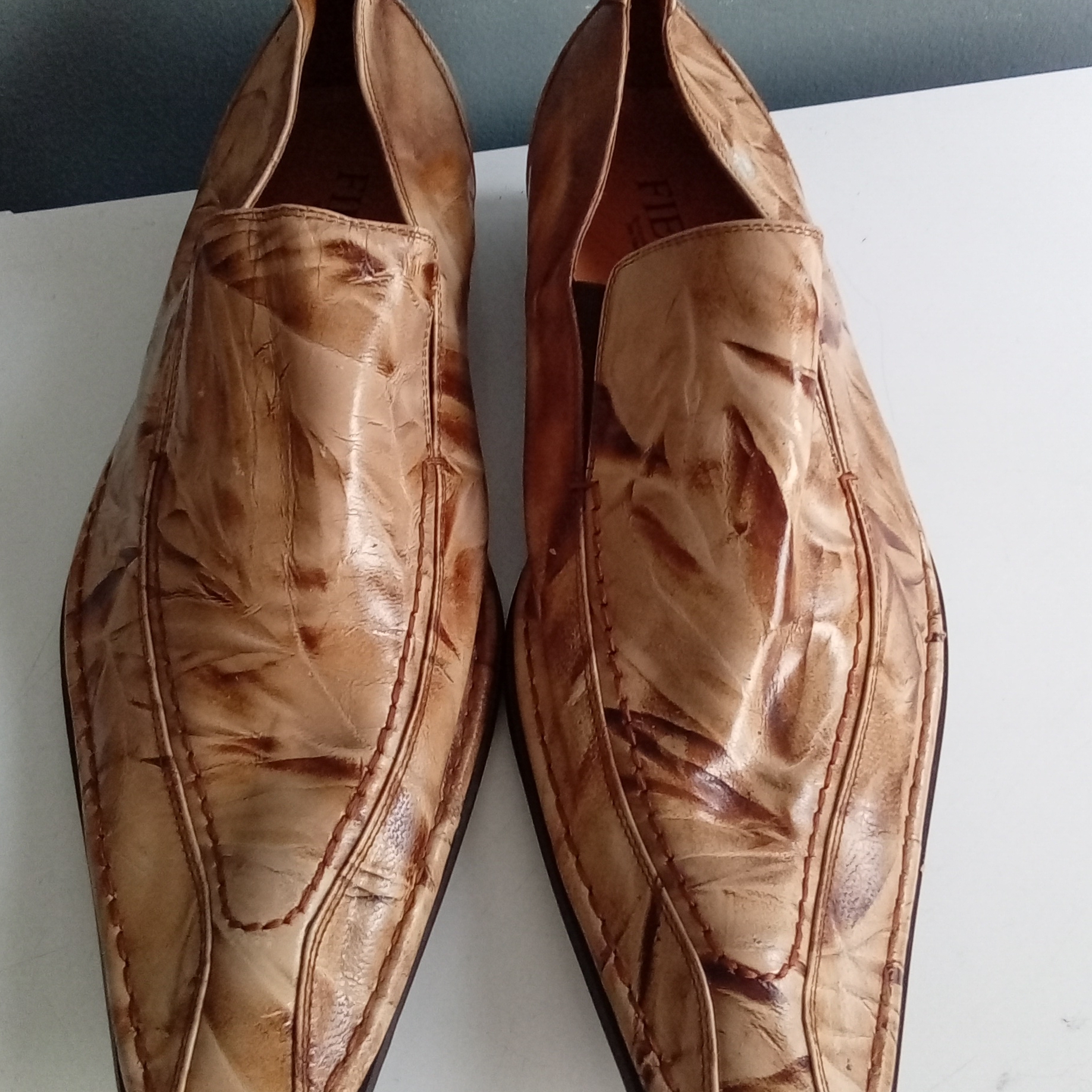 Fiesso By Aurelio Garcia Tan Textured Leather Pointed Toe Slip On Loafers Mens